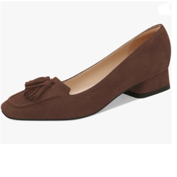 YDN Brown Block Low Heel Loafer Square Toe Tassel Fringe Pump Slip On Dress Shoe - Picture 1 of 8